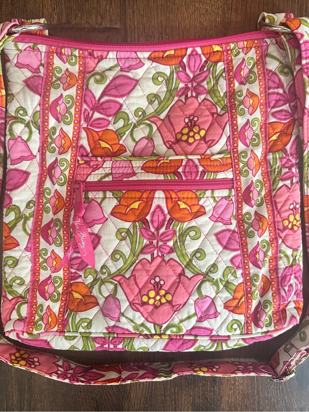 Vera Bradley Pink Floral Quilted Crossbody with Orange Accents